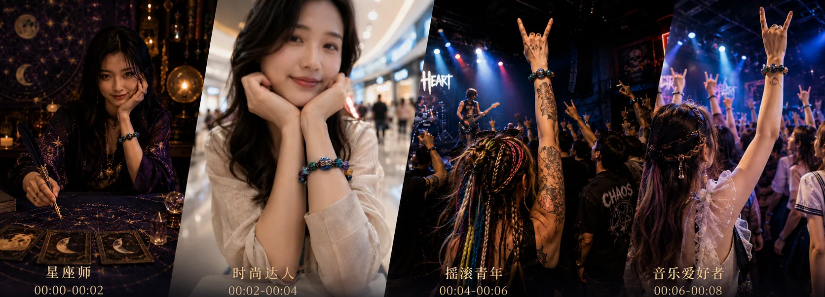云水伴星水晶手串四种风格：星座师 / 时尚达人 / 摇滚青年 / 音乐爱好者
